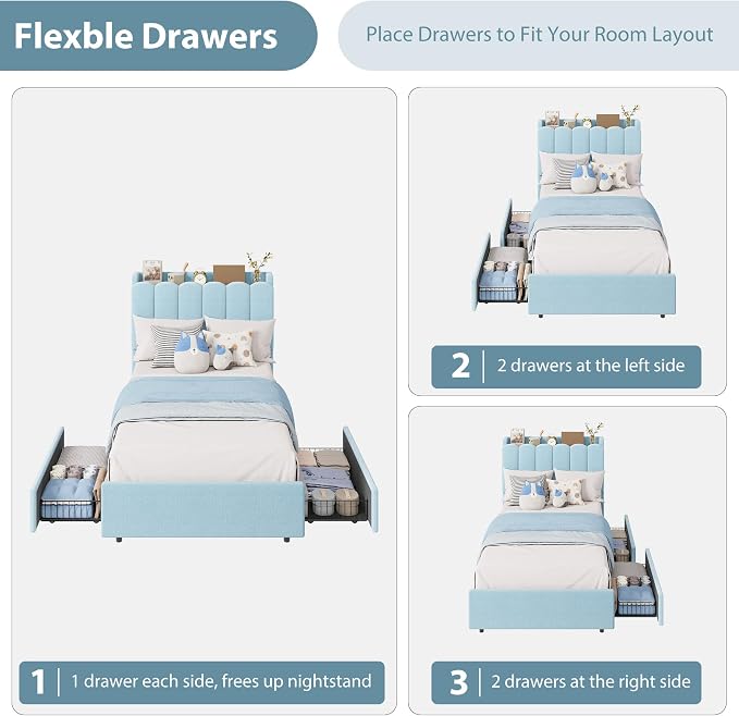 Garvee LED Twin XL Bed Frame with Storage Headboard, Kids Bed Frame with 2 Drawers, Boucle Upholstered Platform Bed for Girls, Chic Wavy Headboard with Bookcase, No Box Spring Needed, Blue