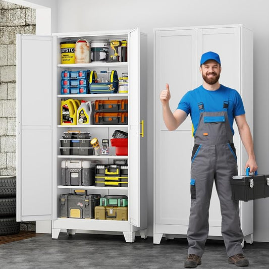 75" Metal Garage Storage Cabinet with 2 Doors and 5 Adjustable Shelves,Metal Storage Cabinets,Steel Tool Cabinets for Home,Office,Garage,Warehouse, Widen (White, 75''H x 32''W x 16''D-B)