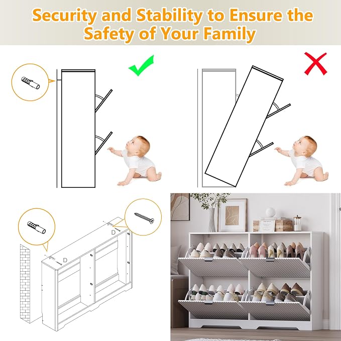 BORNOON Large Shoe Cabinet for Entryway, Shoe Rack Cabinet with 4 Flip Drawer and Adjustable Shelves for Small Apartment, Foyer