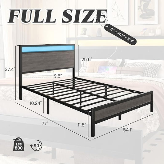 Fluest Full Bed Frame with Headboard & Footboard, Full Bed Frame with Built-in Charging Station & LED Light, Storage Shelf, Noise-Free, No Box Spring Needed, Easy Assembly, Rustic Grey
