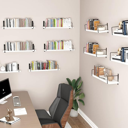 Floating Shelves, 24 Inches Easy to Install Wall Mounted Shelves, Set of 3, Rustic Wood Shelves for Wall Decor, Storage Shelves for Living Room (White)