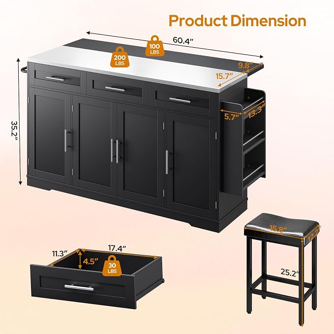 Concho 71'' Kitchen Island with Seating and Stainless Steel Countertop, Rolling Kitchen Carts on Wheels with Folding Drop Leaf, Bar Stool, Power Outlet, Spice/Towel Rack, Black