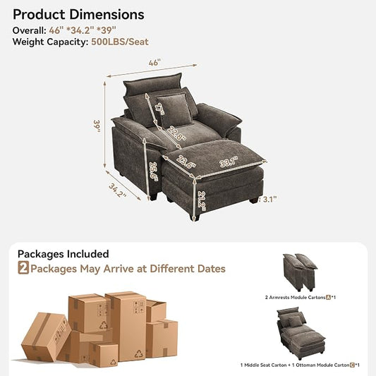 46''Cloud Oversized Sofa Chair with Detachable Headrest, Upholstered Comfy Arm Accent Chair with Ottoman,Modern Chenille Reading Lounge Armchair for Living Room,Bedroom, Brown