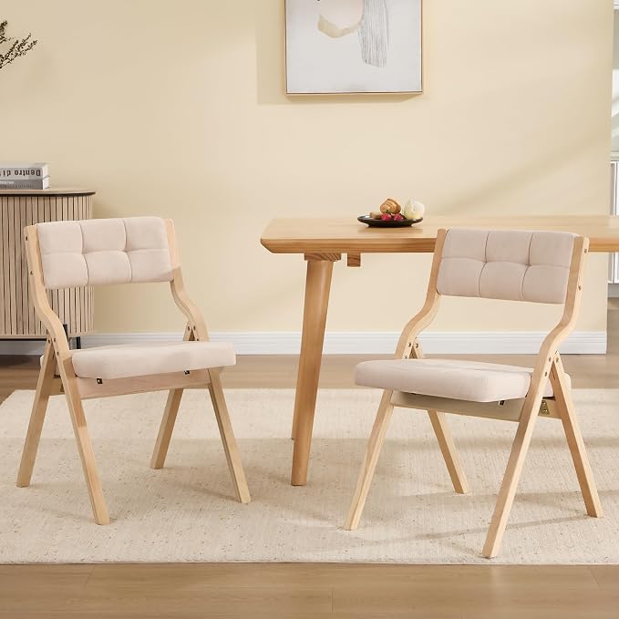 Folding Dining Chairs with Cushion Set of 2,Padded Foldable Dining Chairs,Portable Wooden Folding Chairs with Seat for Dining Rooms Kitchen Wedding Party Indoor Linen Khaki