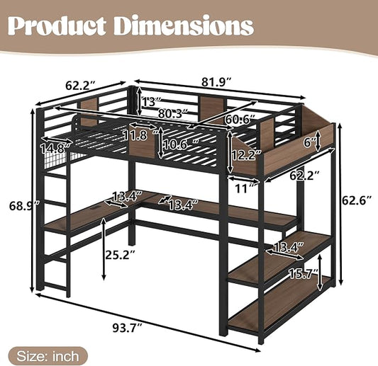 Bellemave Queen Size Loft Bed with Desk and USB Ports, Clothes Hanging Rod, LED, Metal Full Loft Bed Frame for Adults, Kids, Teens, Black