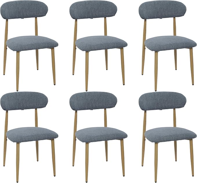 FREKEN Modern Upholstered Dining Chairs Set of 6, Mid-Century Metal Frame with Wood Grain, Linen Fabric Side Chair for Kitchen Dining Room, 350lbs Capacity, Grey