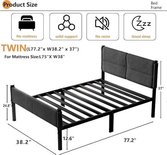 Metal Bed Frame,14Inch Twin Size Bed Frame with Storage Space,Heavy Duty Sturdy Mattress Foundation,Easy Assembly,No Box Spring Needed,Twin Grey