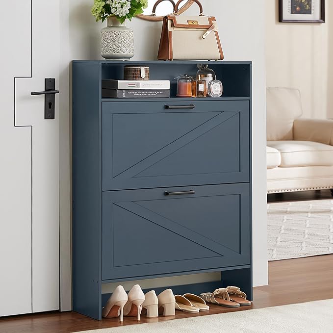 RWYHG Shoe Cabinet Storage for Entryway with 2 Flip Drawers Open Storage Layer Rack Narrow Organizer Slim Hidden Wood Shoe Cabinet Furniture Blue