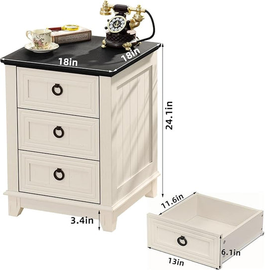 Joaxswe 18" Farmhouse Night Stand with 3 Drawers, Wood End Table Dresser for Bedroom, White Nightstand, Bed Side Table with Metal Handle, Bedside Cabinet for Bedroom Living Room, Closet