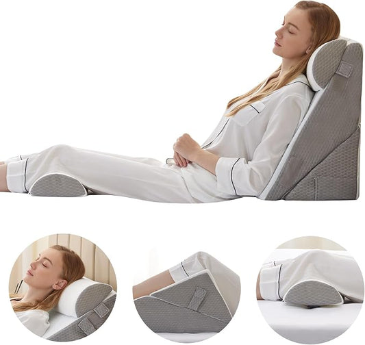 Adjustable 4pcs Bed Wedge Pillow Set, Memory Foam Wedge Pillows Post Surgery for Back, Neck, Leg Pain Relief, Pillow Wedge for Sleeping, Sitting up in Bed, Acid Reflux and GERD, White/Grey