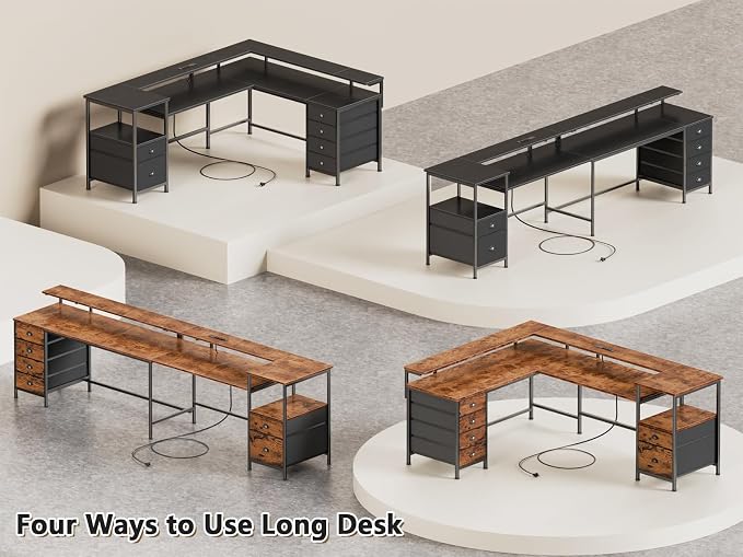 Furologee 95" Two Person Computer Gaming Desk, Long 2 Person Home Office Desk with 6 Drawers & Storage Shelves, Double Table with Power Outlets, LED Lights and Full Monitor Shelf, Black