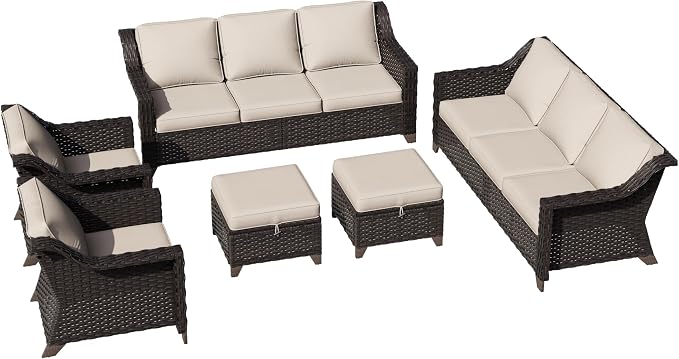6 Pieces Patio Conversation Furniture Set - 2 Sofas, 2 Armchairs, 2 Ottomans, Outdoor Wicker Furniture with Removable Cushions for Porch, Balcony, Sunroom (Beige)