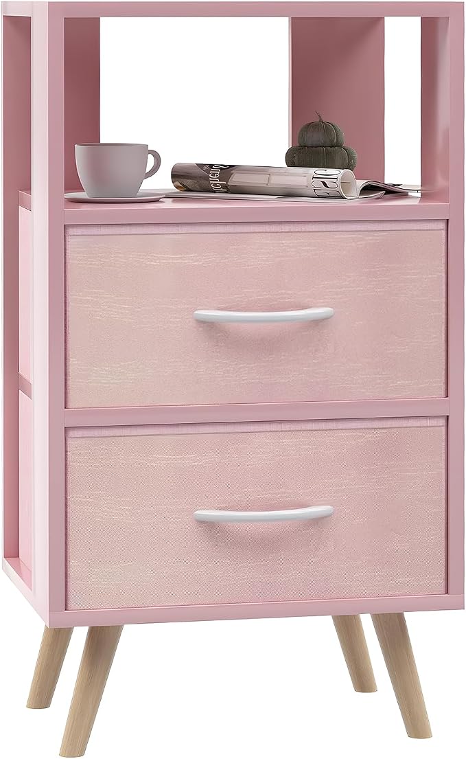 Aenuert Night Stand, Pink Nightstand with 2 Fabric Drawers, Wooden Side Table with Open Storage, 3-Tier Modern End Table, Bedside Table for Small Space, Living Room, Bedroom