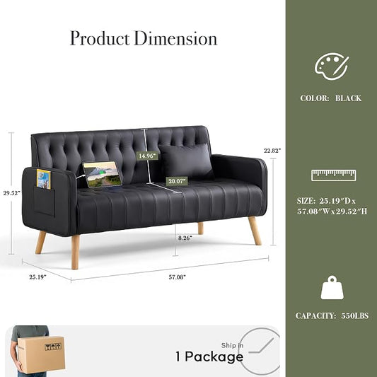 57” W Loveseat Sofa, Small Black Faux Leather Couch w/USB Charging Ports & Pockets, Mid Century Modern Tufted Love Seat Couches, Mini Office Sofa Couch for Small Spaces, Bedroom, Apartment
