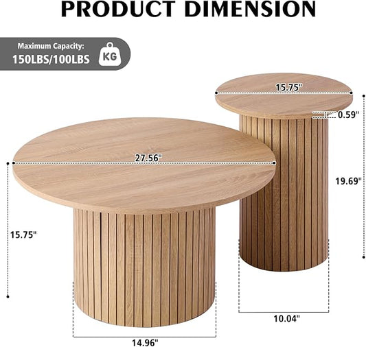 Round Nesting Coffee Table Set of 2, Fluted for Small Spaces | Modern style, suitable for living rooms, roller design, wooden