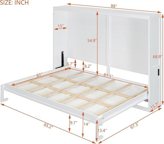 Ball & Cast Queen Size Murphy Bed with Charging Station and Slat Support,Wood Hideaway Cabinet Platform Beds w/Leg & Lock,can be Folded,Space-Saving,for Small Room,Dorms,White