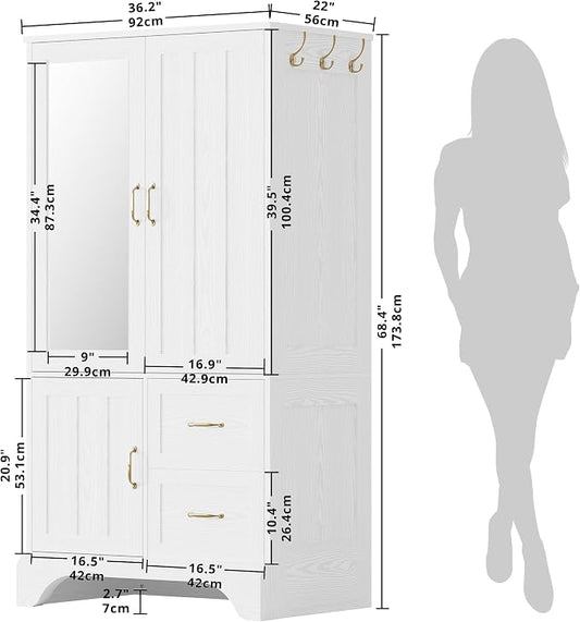 LIKIMIO Armoire Wardrobe Closet with Mirror and 3 Doors and 2 Drawers, Bedroom Wooden Armoire Storage Cabinet Combination with Hanging Rod for Bedroom, White