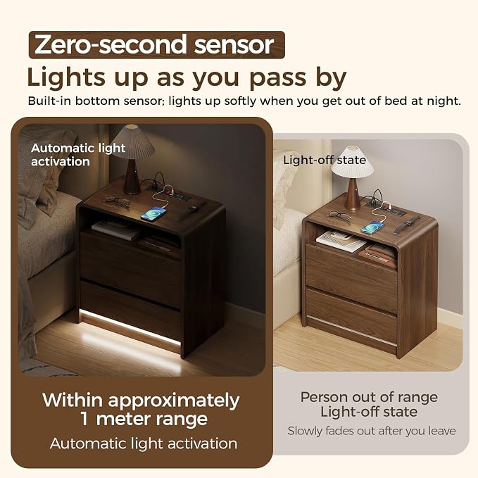 Messenya Mid Century Modern Nightstand with Drawer Organizer for Bedroom | Top Soft Close Drawer of 23.6'' Bedside Table with 6 Compartments, Motion Sensor LED Light, Charging Station, Walnut Finish