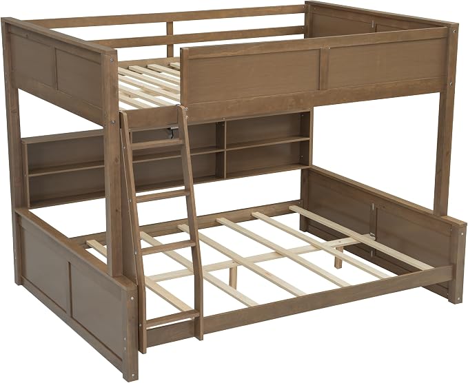 RUNNA Full XL Over Queen Bunk Bed with Storage,USB,Wood | Full XL over queen bunk bed with storage cabinets, USB, solid pine wood, guardrails, no box spring needed, natural wood