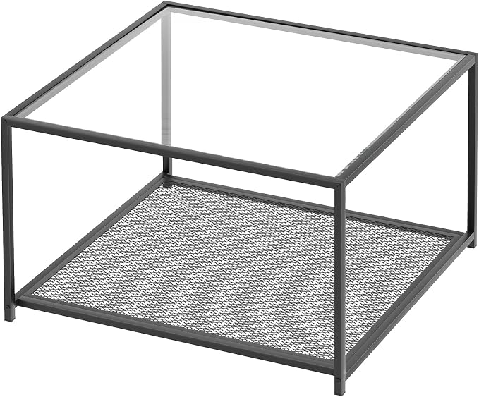 Black Glass Coffee Table, Square Coffee Tables with Storage Shelf, Simple Tea Cocktail Modern Center Tables for Small Space, Living Room, Easy Assembly, 26 * 26in(Black)