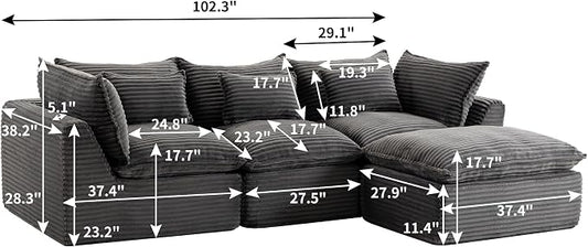 Boneless Couch Sectional Sofas Cloud Couches for Living Room | 102.3'' Modern Modular Cloud Sofa with Pillows and Ottoman for Bedroom