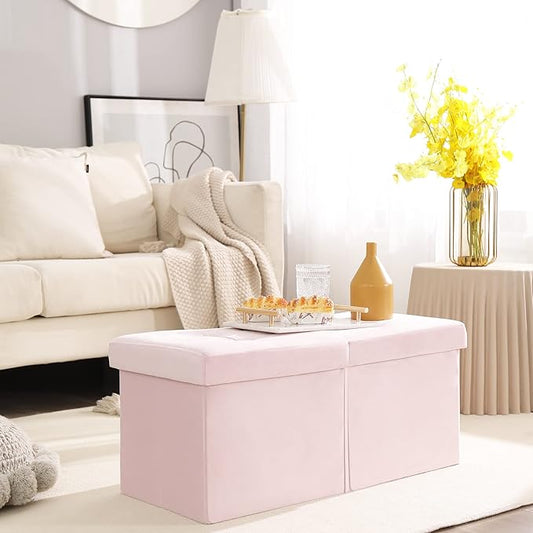 Storage Ottoman Bench Foldable Seat Footrest Shoe Bench End of Bed Storage with Flipping Lid, 75L Storage Space, 30 inches Velvet Pink
