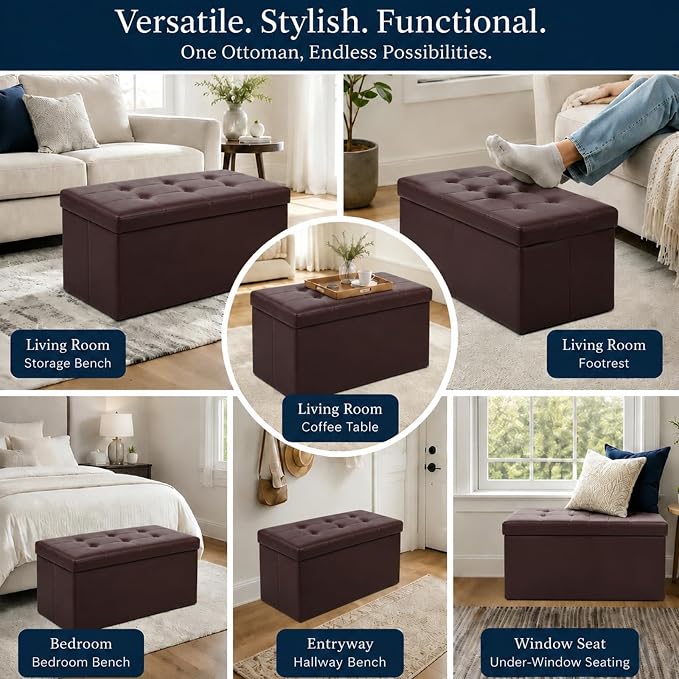 ALASDO 30 Inch Folding Storage Ottoman Bench with Hidden Storage, PU Leather Ottoman Foot Rest Stool, End of Bed Bench for Bedroom, Living Room, Entryway and Closet, Brown