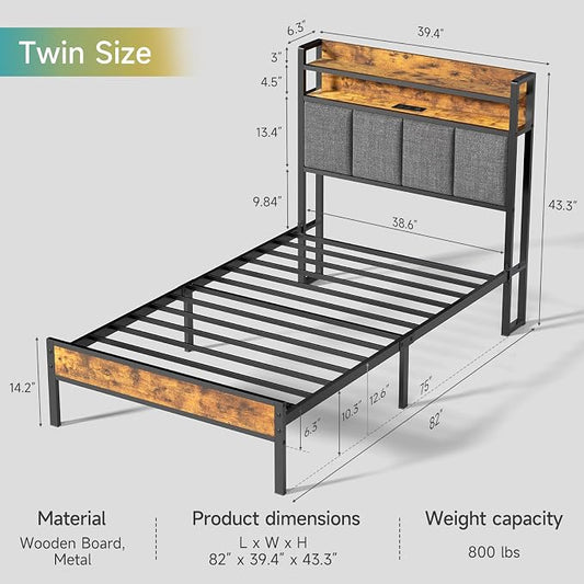 Twin Bed Frame with LED Light &Charging Station, Metal Platform Bed with 2-Tier Shelves & Under Bed Storage, Upholstered Headboard&Footboard,No Box Spring Needed,Noise Free,Easy Assembly,Vintage Brown