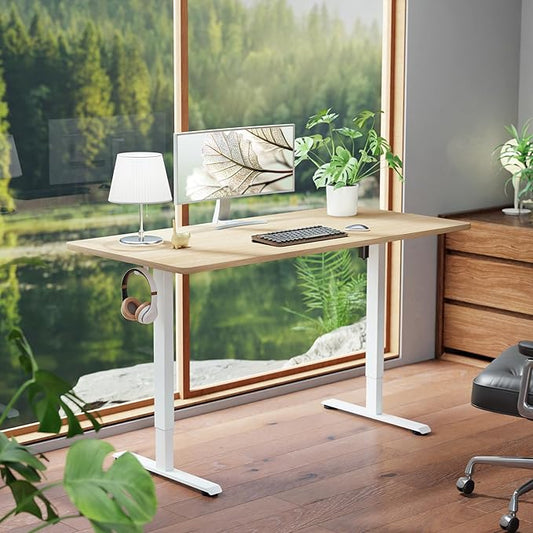 Veken 55 Inch Large Electric Standing Desk, 4 Memory Heights Adjustable,Sit to Stand Up, Work Home Office Computer Table for Study, Walking Pad, Writing, and Games, Wooden Desktop Desks, Nature Wood