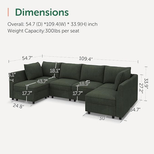 HONBAY Modular Sectional Sofa Couch with Storage, Modern U Shaped Sectional Sofa, Convertible Sectional Couch for Living Room - Green