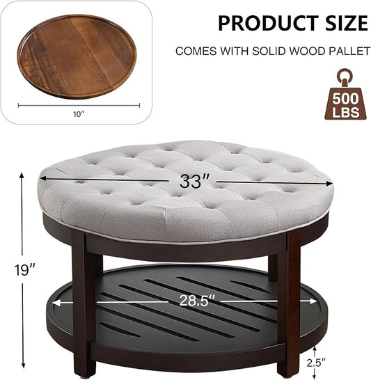adochr Round Coffee Tables for Living Room,33’’ Storage Ottoman with Wooden Tray, Upholstered Ottoman Footrest Light Grey