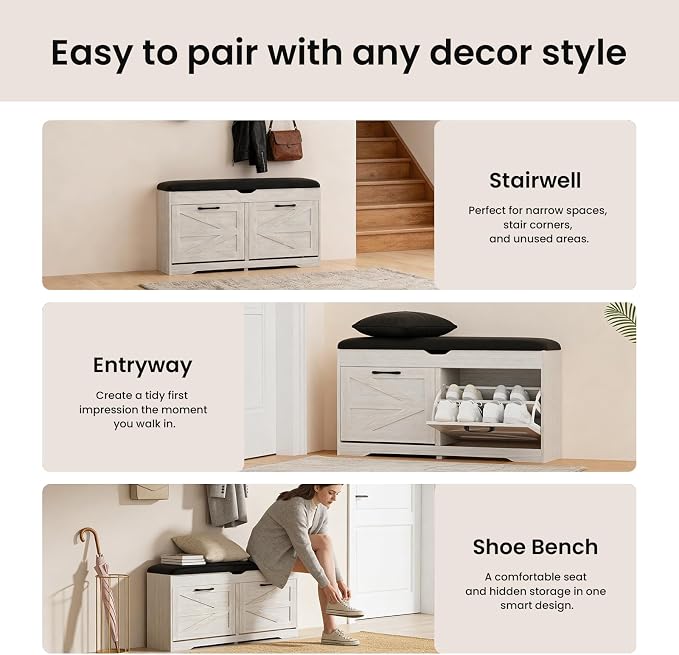 39" Shoe Storage Bench with Padded Seat Cushion & Lift Top Storage Box & 2 Flip Drawers, Small Entryway Shoe Rack Bench with 2 Doors and Adjustable Shelf, Shoes Cabinet for Hallway, Living Room, White