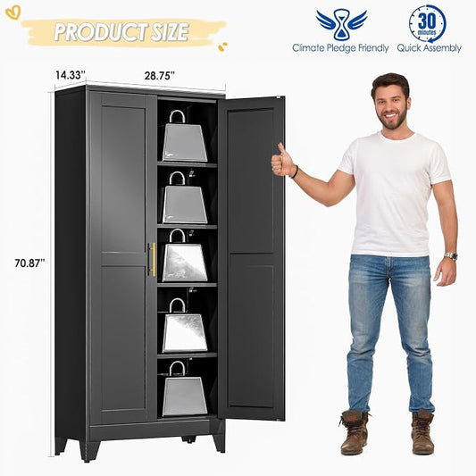 GAIOUS 71" Tall Metal Storage Cabinet with 2 Doors and 4 Adjustable Shelves, Kitchen Pantry Cabinet Black Freestanding Cupboard, 5 Tier Multifunctional Steel Storage for Office, Kitchen, Dining Room