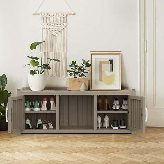 ROJIK Shoe Cabinet Waterproof UV-Resistant,Storage Bench Indoor Outdoor with Adjustable Shelves,for Entryway Bedroom,Hallway,Living Room(2 Door,Grey)