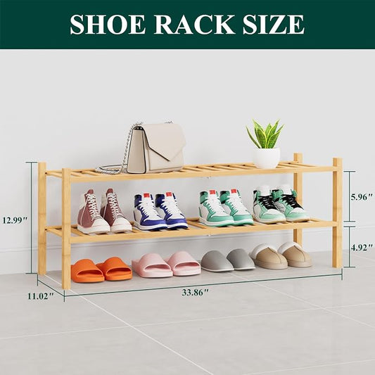 Smiry Long Bamboo Shoe Rack, 2 Tier Free Standing Wooden Shoe Organizer, Stackable Wood Shoe Storage Shelf for Closet, Entryway, 14 Vertical Slats, One-piece Heavy-Duty Legs, 33.7"x11"x13", Natural