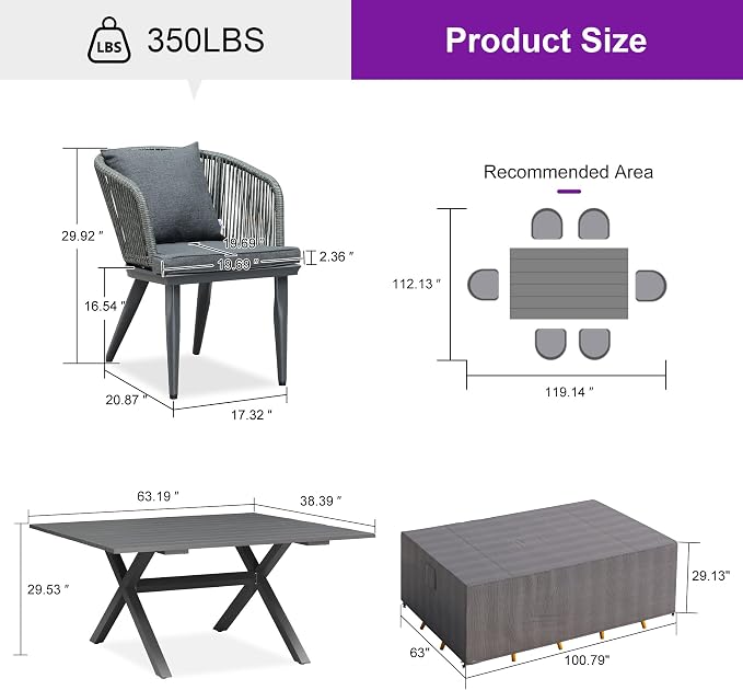 PURPLE LEAF 7 Pieces Patio Dining Set with Waterproof Furniture Cover Rectangular Table and Chairs Set for Garden Deck Aluminum Frame Backyard Kitchen Set, Cushions and Pillows Included Grey