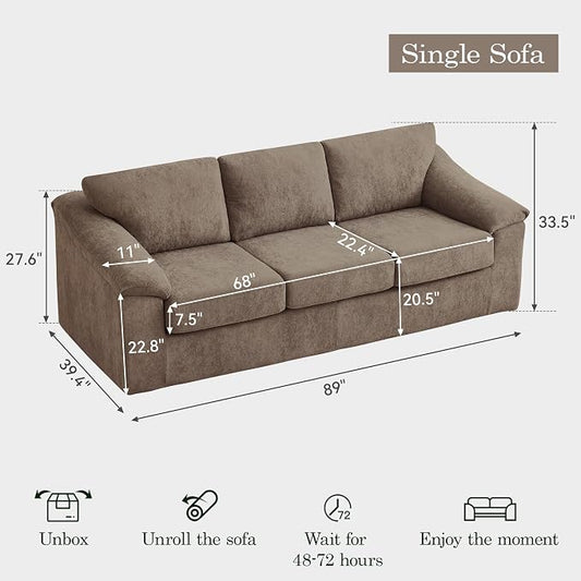 89" Boneless 3 Seater Sofa, Modern Cloud Couch for Living Room, 3 Seat Couch with Deep Seat, Thick Cushion, Comfy Upholstered Sofa for Apartment, No Assembly, Brown