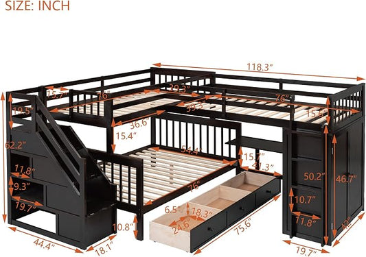 L-Shaped Bunk Bed for 4 Kids, Twin-Twin Over Full with 3 Drawers, Portable Desk and Wardrobe, Solid Wood Bedframe with Stairs and Full-Length Guardrails, No Box Spring Needed (Espresso)