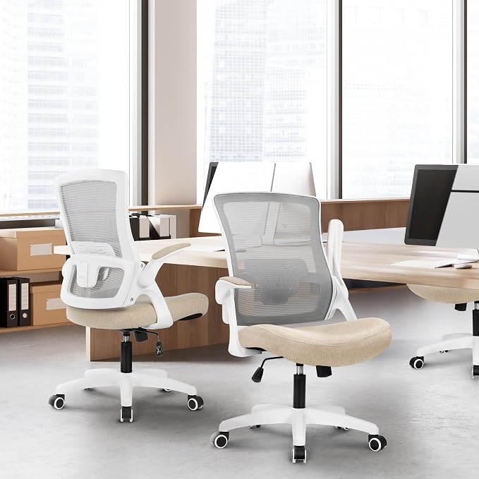 NEO CHAIR Office Desk Gaming Chair Computer High Back Mesh Seat with Rolling Wheels Ergonomic Adjustable Comfy Flip-up Armrests Lumbar Support Height for Home (Beige White Frame)