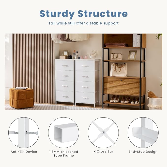 DUMOS Nightstand Bedside Table with 4 Drawers, Removable Fabric Bins with Steel Frame Wood Top, Organizer Furniture for Bedroom Closet Living Room, Chalky