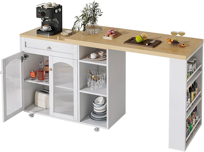 LYNCOHOME 71.1" Rolling Kitchen Island with 360° Rotating Tabletop, Mobile Lockable Wheels & Adjustable Shelves, Multifunctional Storage Cart for Kitchen & Dining(White)