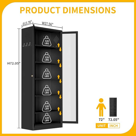 Kitchen Pantry Cabinet, 72" Tall Pantry Storage Cabinet with Adjustable Shelves and Glass Doors, Metal Storage Cabinets with Handle for Living Room, Kitchen, Assemble Required (Black)