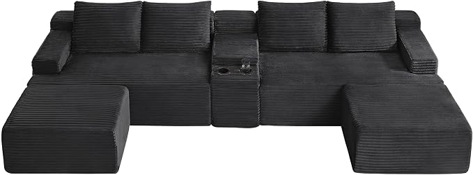 ivoros 140 Inch Modular Sectional Sofa Couch, Oversized Modern Cloud Couch for Living Room, U Shape Couches with 2 Ottomans and Cup Holders, Dark Grey Corduroy Boneless Sofas, Sofa in a Box