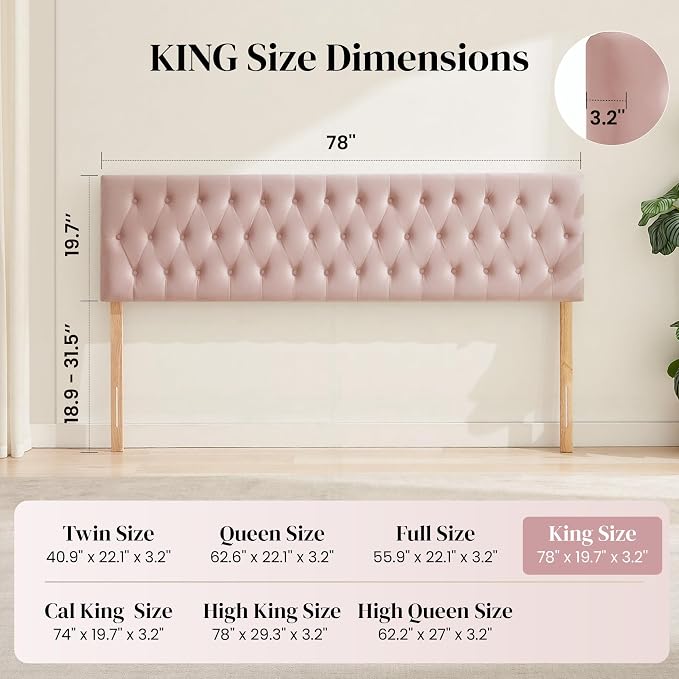 Tufted Upholstered King Size Bed Headboard in Modern Button Design, Adjustable Solid Wood Head Board, Premium Velvet Fabric Padded Headboards in Bedroom (Pink)