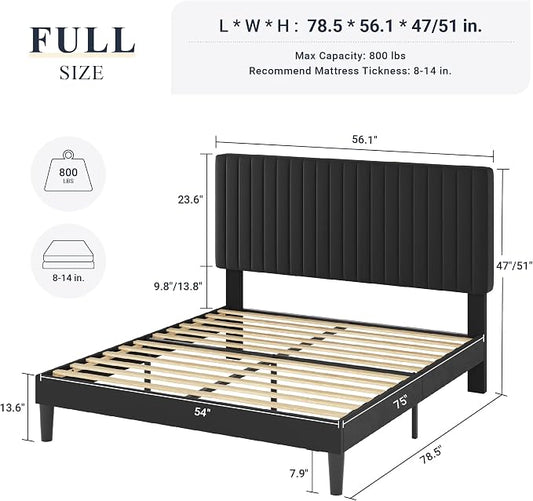 Allewie Full Bed Frame, Velvet Upholstered Platform Bed with Vertical Channel Tufted Headboard, Mattress Foundation with Strong Wooden Slats, Box Spring Optional, Easy Assembly, Black