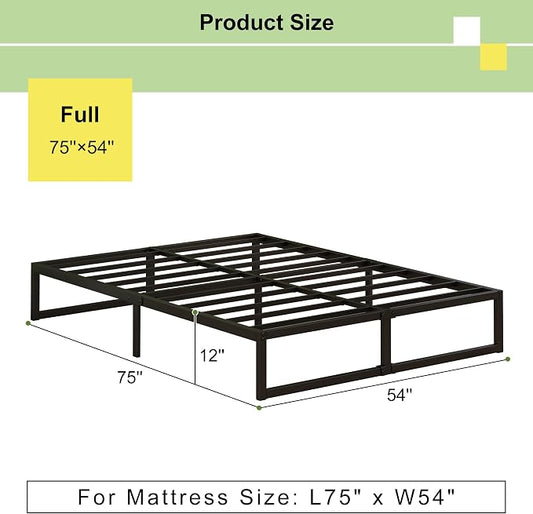 EMODA 12 Inch Full Size Bed Frame Heavy Duty Metal Platform No Box Spring Needed, Easy Assembly Noise Free, Black