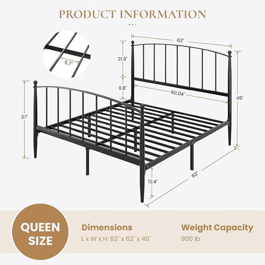 SHA CERLIN Queen Bed Frame, Metal Platform Bed with Victorian Style Iron-Art Headboard and Footboard, Easy Assembly, No Box Spring Needed, Black