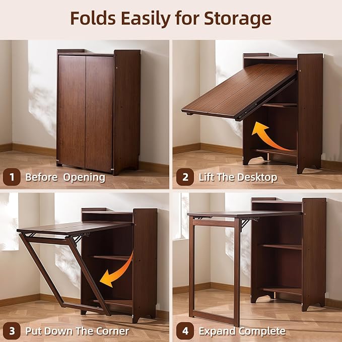 Bamboo Folding Desk with Storage, Space-Saving Foldable Computer Desk for Small Spaces, Writing Study Table for Home Office, Bedroom, Dorm, Apartment,White