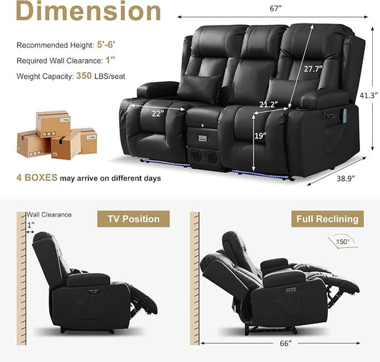 URRED Power Loveseat Recliner Sofa with Massage and Heat, Wall Hugger Reclining Loveseat with Console, RV Couch Home Theater Seating with LED Lights for Living Room (Black, 67" - 2 Seats)
