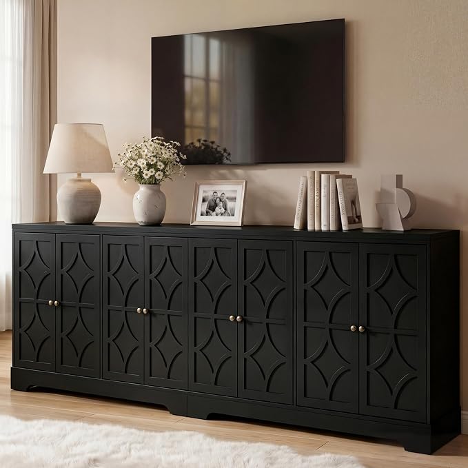 RoyalCraft Sideboard Buffet Cabinet with Storage, 56" Modern Sideboard with 4 Carved Doors, Large Wood Coffee Bar Console Table for Kitchen, Dining Room, Entryway, Living Room, Black